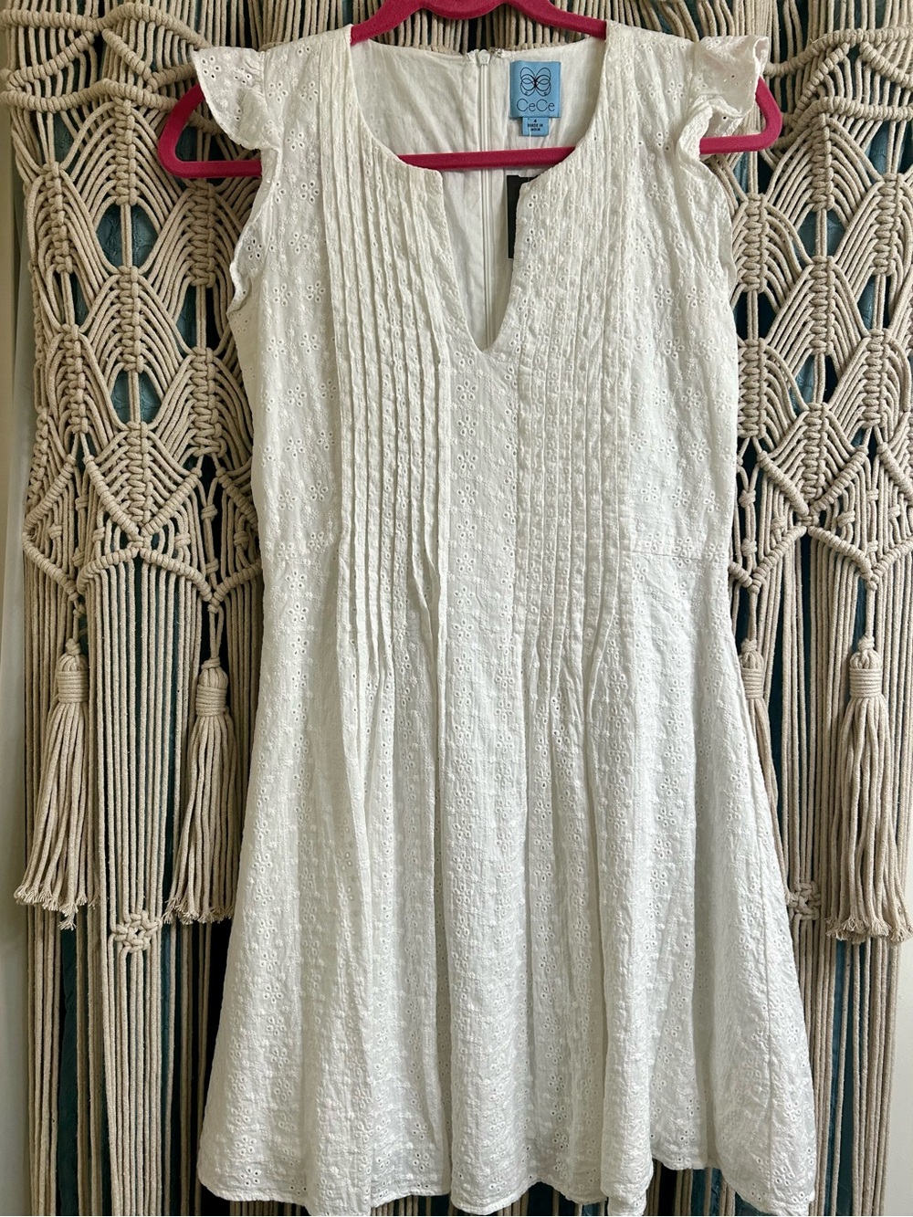 CeCe White Eyelet Pintuck Dress with Cap Sleeves - 4